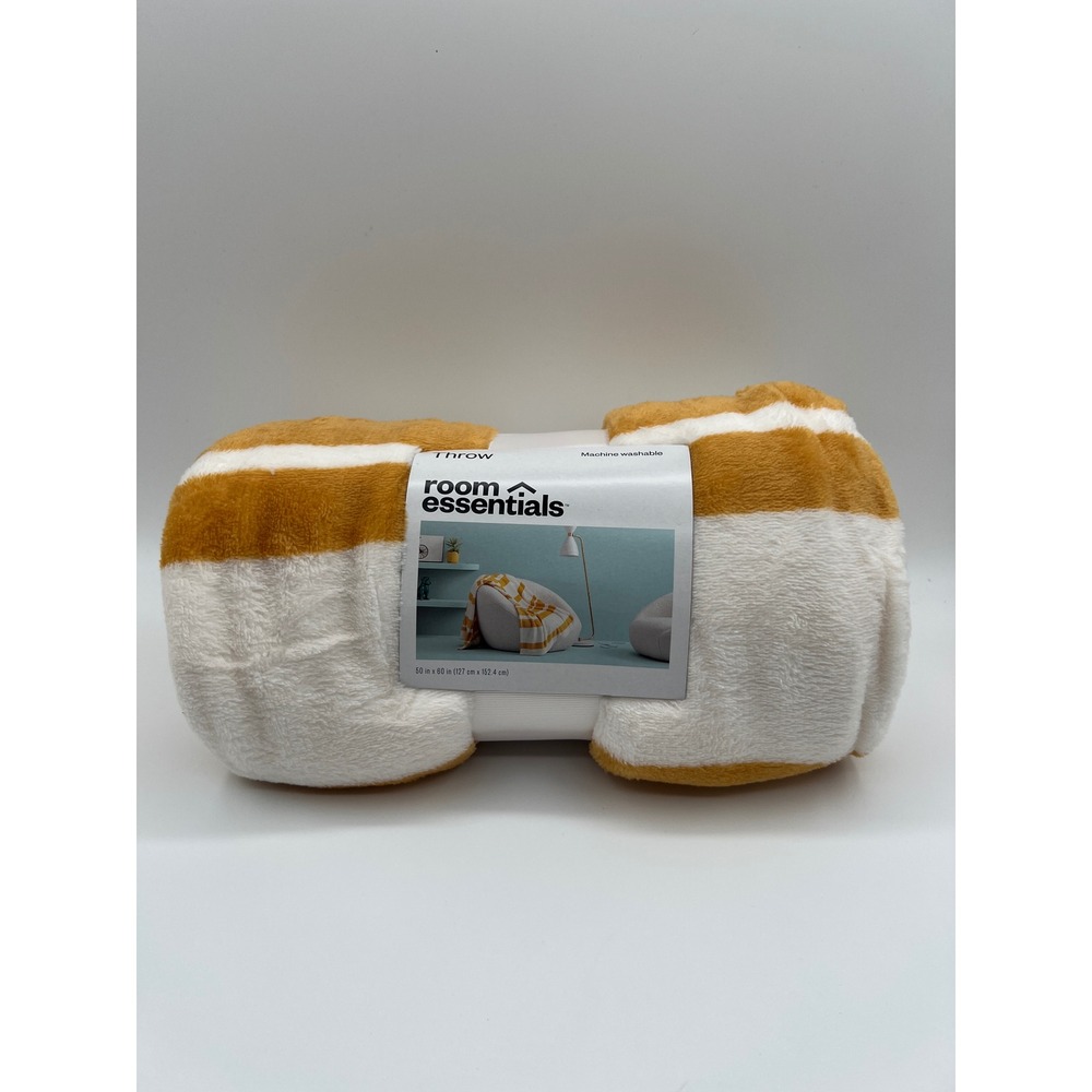 Room Essentials Mustard Yellow White Striped Plush Throw Blanket 50x60 New